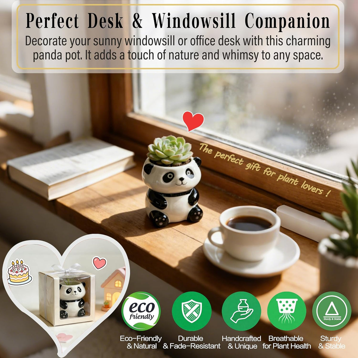 3.3” Mini Panda Ceramic Planter, Adorable Mini Indoor Plant Pot with Drainage Hole, Cute Animal Flower Pot for Succulents, Herbs, Small Desk Plant, Home Office Desk Decor