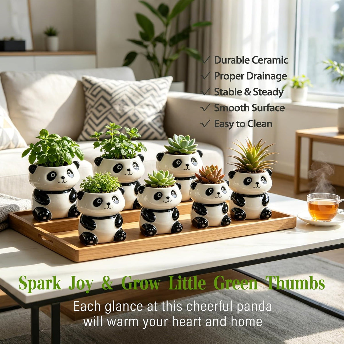 3.3” Mini Panda Ceramic Planter, Adorable Mini Indoor Plant Pot with Drainage Hole, Cute Animal Flower Pot for Succulents, Herbs, Small Desk Plant, Home Office Desk Decor