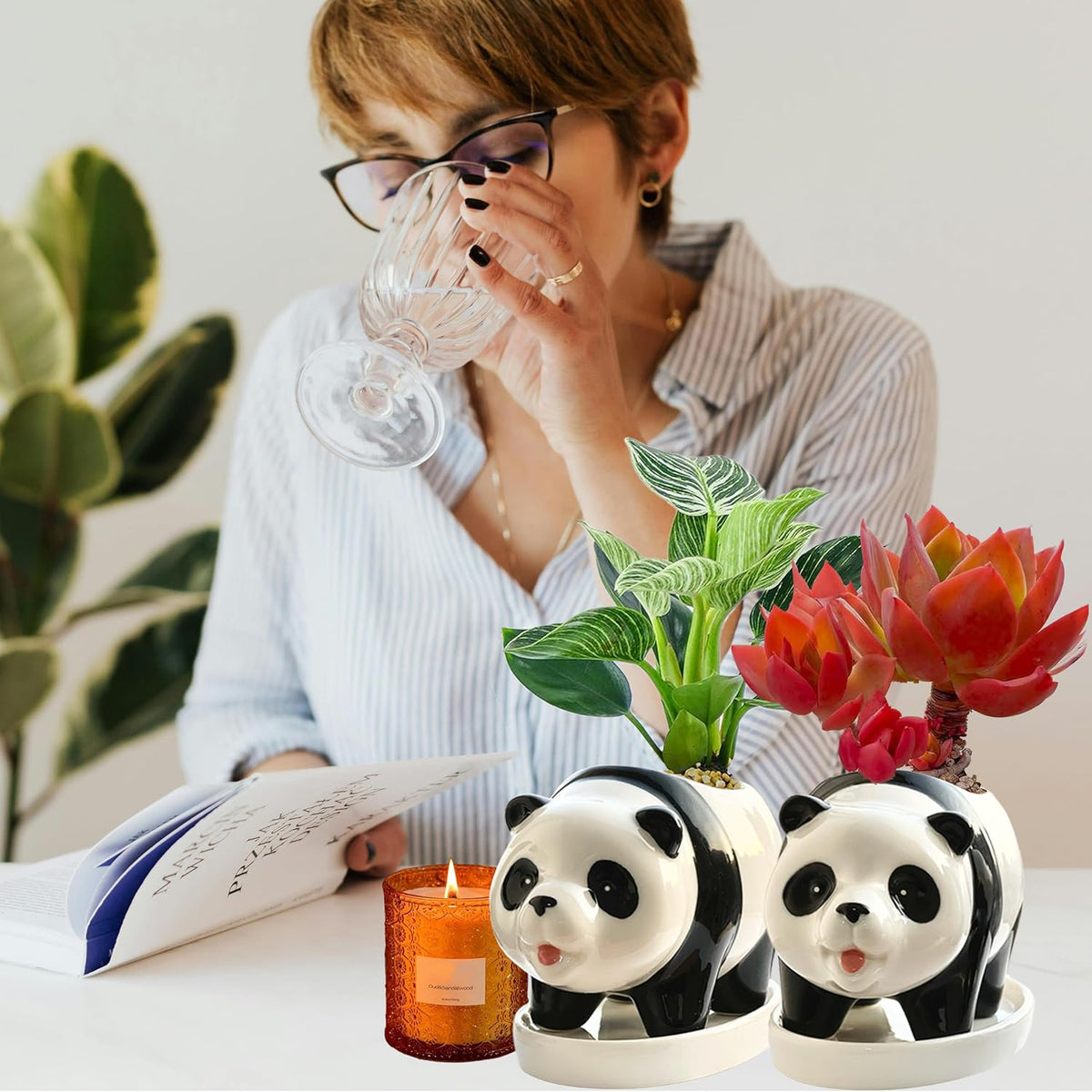 3.3” Mini Panda Ceramic Planter, Adorable Mini Indoor Plant Pot with Drainage Hole, Cute Animal Flower Pot for Succulents, Herbs, Small Desk Plant, Home Office Desk Decor