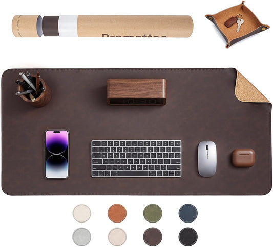 Premium Faux Leather Desk Mat & Tray Set，Innovative Cork-Look Printed Base，Gift Tube Packaging，Full-Desk Coverage，Non-Slip Desk Pad for Office Home（Espresso Brown）