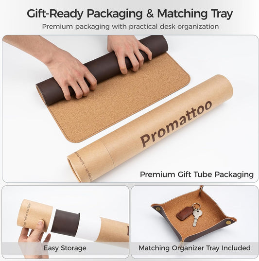 Premium Faux Leather Desk Mat & Tray Set，Innovative Cork-Look Printed Base，Gift Tube Packaging，Full-Desk Coverage，Non-Slip Desk Pad for Office Home（Espresso Brown）