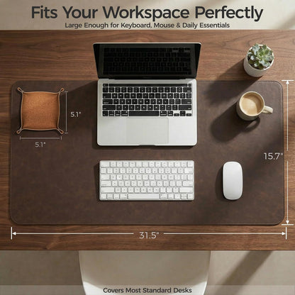 Premium Faux Leather Desk Mat & Tray Set，Innovative Cork-Look Printed Base，Gift Tube Packaging，Full-Desk Coverage，Non-Slip Desk Pad for Office Home（Espresso Brown）