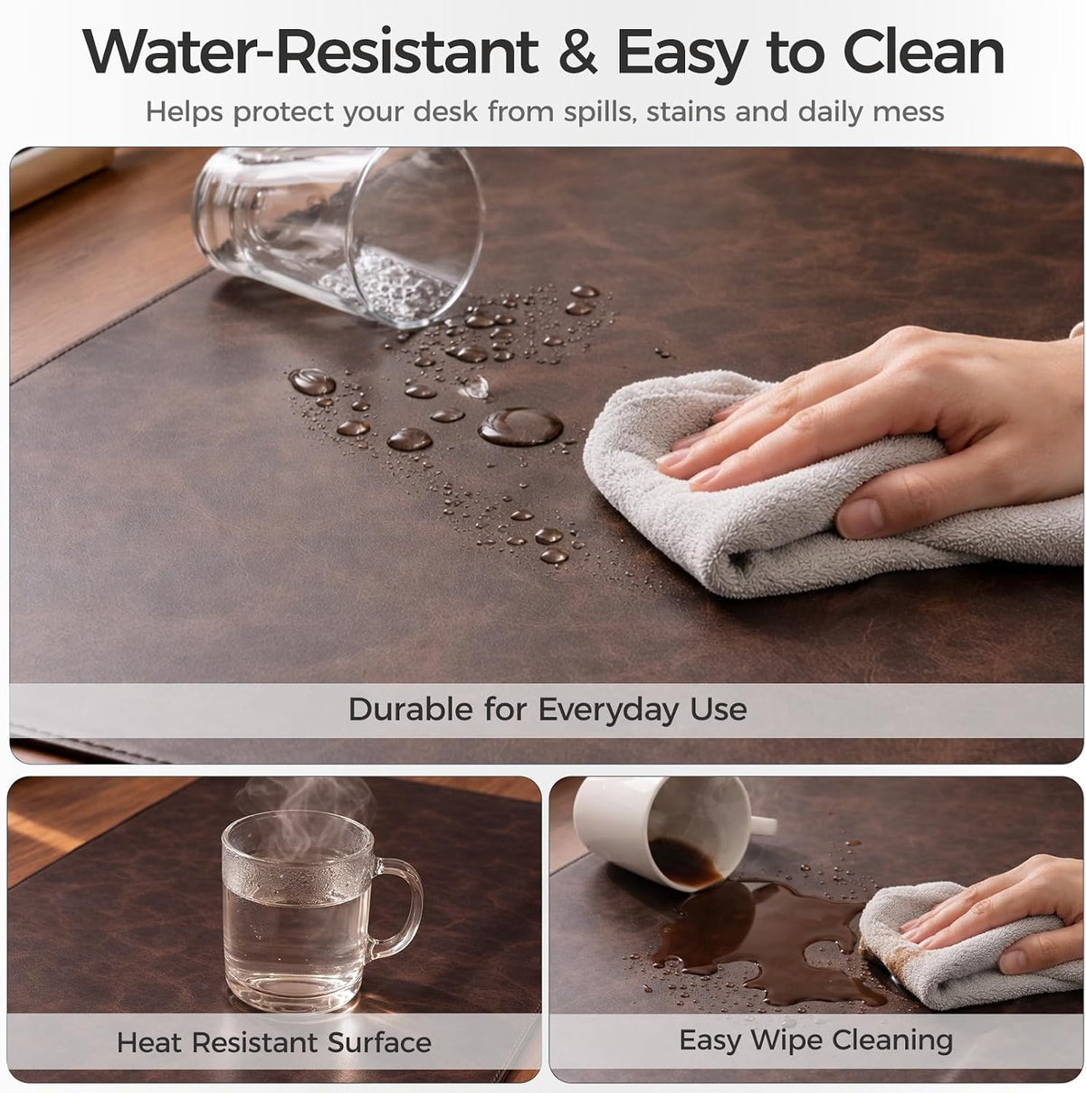 Premium Faux Leather Desk Mat & Tray Set，Innovative Cork-Look Printed Base，Gift Tube Packaging，Full-Desk Coverage，Non-Slip Desk Pad for Office Home（Espresso Brown）