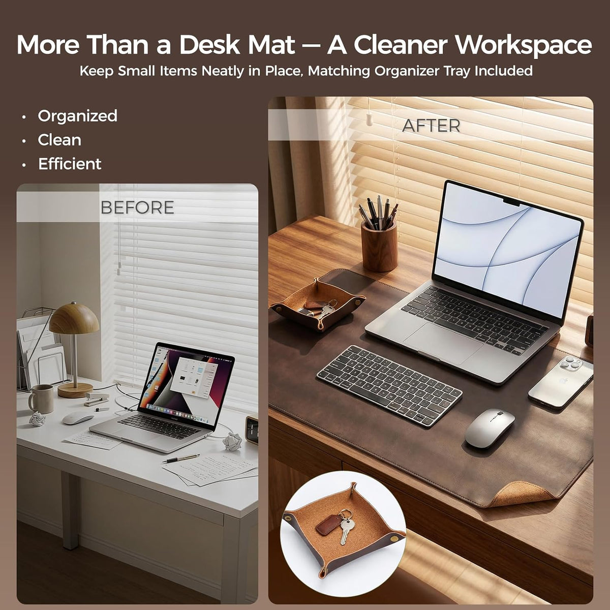 Premium Faux Leather Desk Mat & Tray Set，Innovative Cork-Look Printed Base，Gift Tube Packaging，Full-Desk Coverage，Non-Slip Desk Pad for Office Home（Espresso Brown）