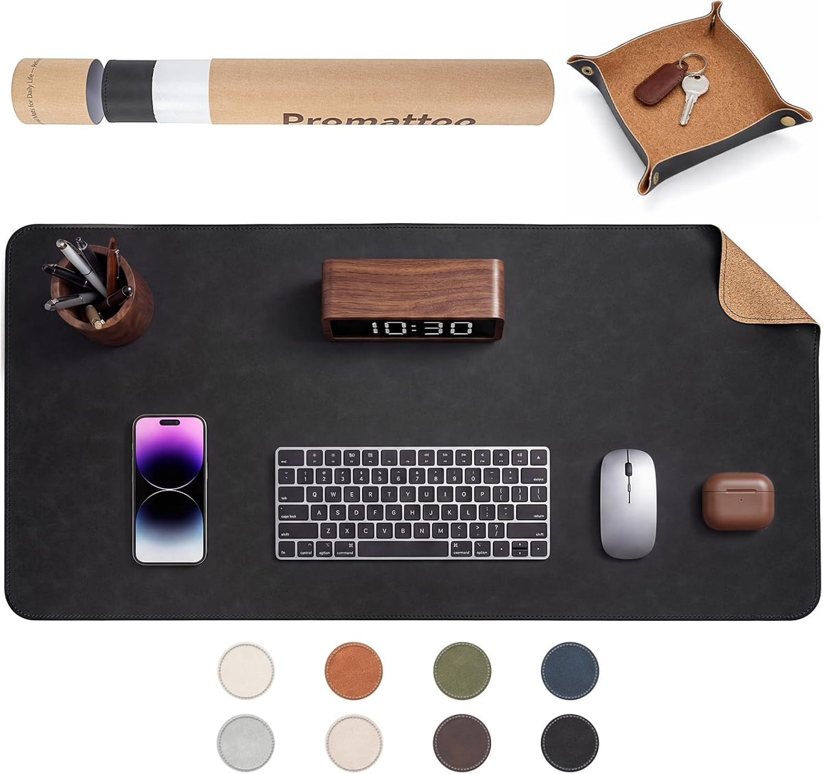 Premium Faux Leather Desk Mat & Tray Set，Innovative Cork-Look Printed Base，Gift Tube Packaging，Full-Desk Coverage，Non-Slip Desk Pad for Office Home（Espresso Brown）