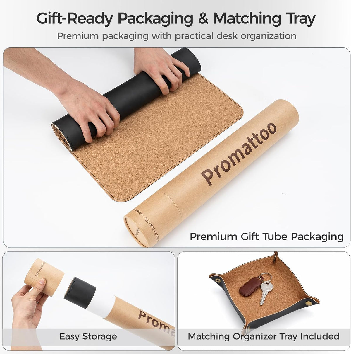 Premium Faux Leather Desk Mat & Tray Set，Innovative Cork-Look Printed Base，Gift Tube Packaging，Full-Desk Coverage，Non-Slip Desk Pad for Office Home（Espresso Brown）