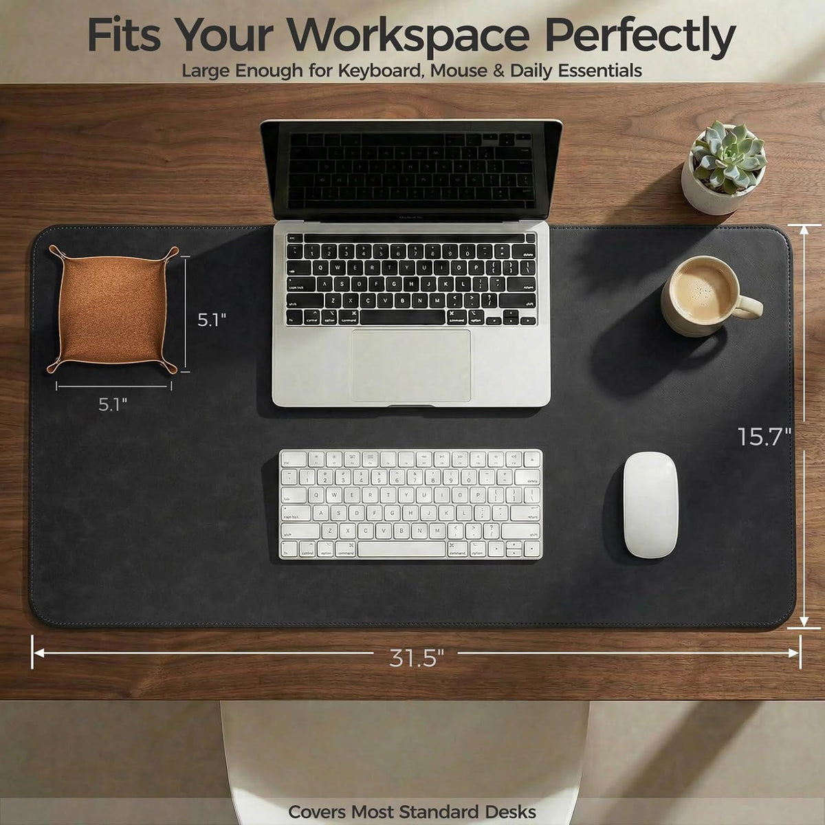 Premium Faux Leather Desk Mat & Tray Set，Innovative Cork-Look Printed Base，Gift Tube Packaging，Full-Desk Coverage，Non-Slip Desk Pad for Office Home（Espresso Brown）