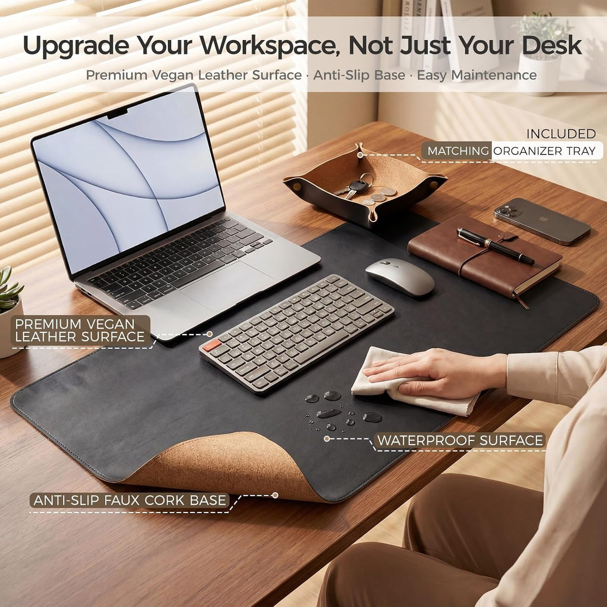 Premium Faux Leather Desk Mat & Tray Set，Innovative Cork-Look Printed Base，Gift Tube Packaging，Full-Desk Coverage，Non-Slip Desk Pad for Office Home（Espresso Brown）