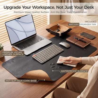 Premium Faux Leather Desk Mat & Tray Set，Innovative Cork-Look Printed Base，Gift Tube Packaging，Full-Desk Coverage，Non-Slip Desk Pad for Office Home（Espresso Brown）