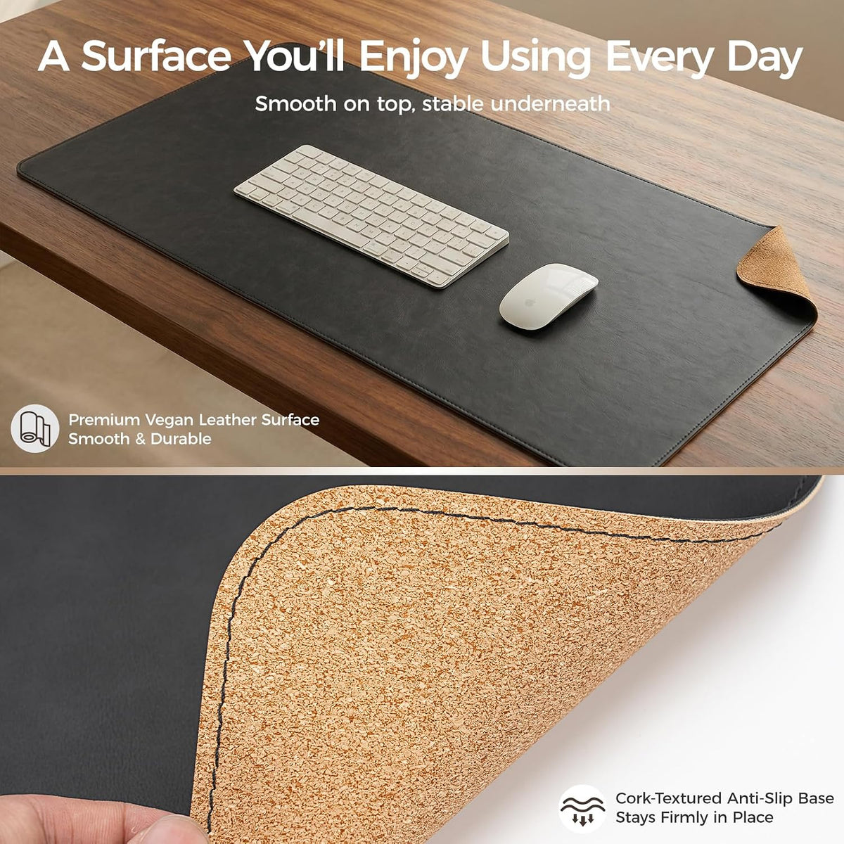 Premium Faux Leather Desk Mat & Tray Set，Innovative Cork-Look Printed Base，Gift Tube Packaging，Full-Desk Coverage，Non-Slip Desk Pad for Office Home（Espresso Brown）