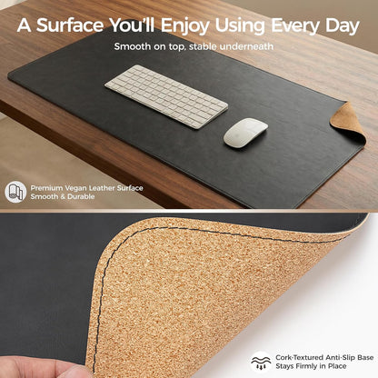 Premium Faux Leather Desk Mat & Tray Set，Innovative Cork-Look Printed Base，Gift Tube Packaging，Full-Desk Coverage，Non-Slip Desk Pad for Office Home（Espresso Brown）