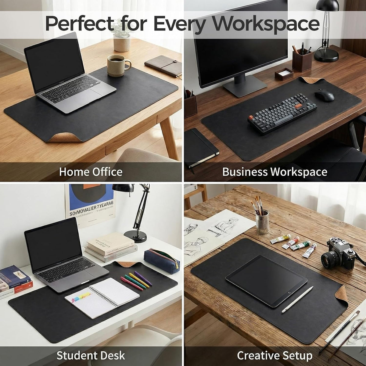 Premium Faux Leather Desk Mat & Tray Set，Innovative Cork-Look Printed Base，Gift Tube Packaging，Full-Desk Coverage，Non-Slip Desk Pad for Office Home（Espresso Brown）