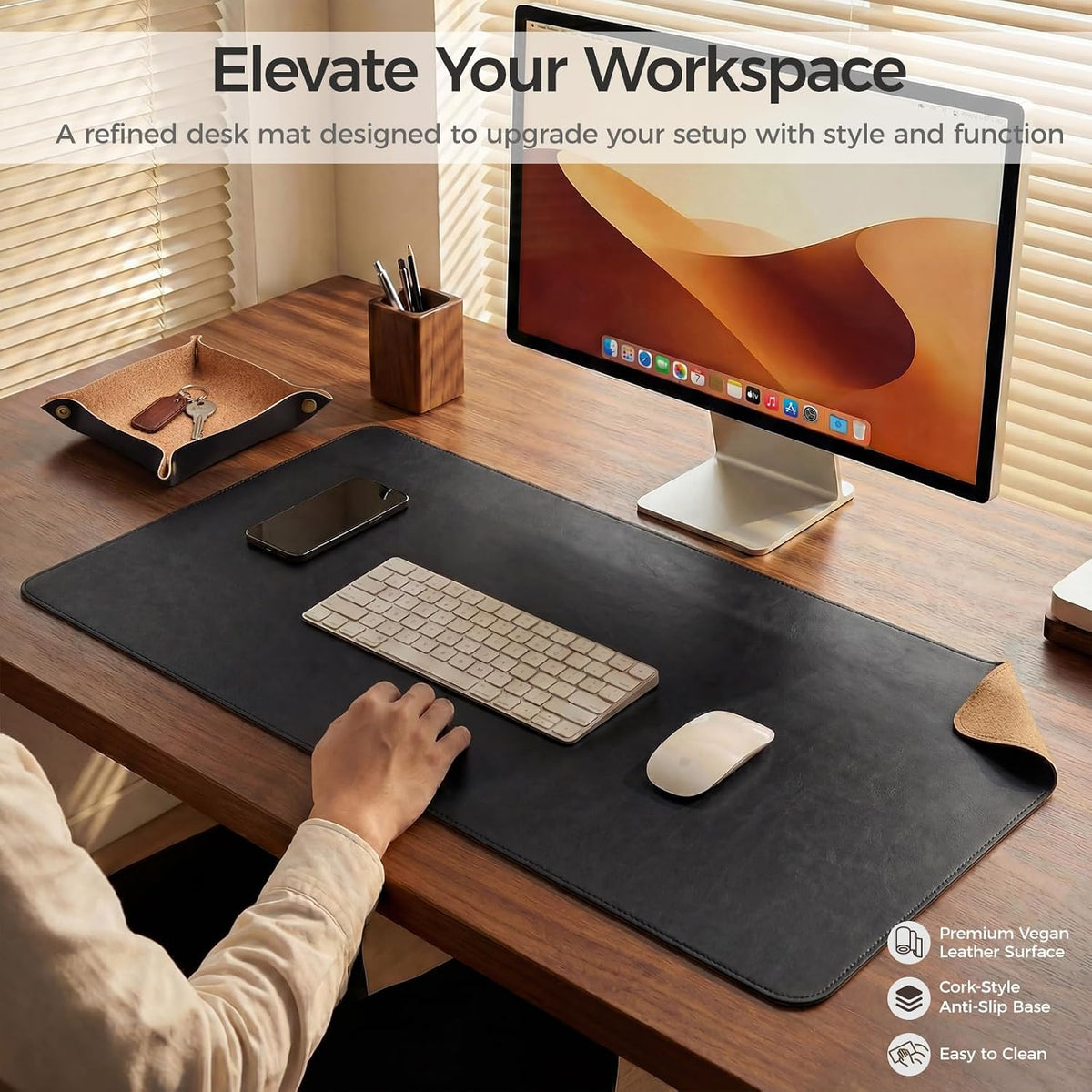 Premium Faux Leather Desk Mat & Tray Set，Innovative Cork-Look Printed Base，Gift Tube Packaging，Full-Desk Coverage，Non-Slip Desk Pad for Office Home（Espresso Brown）