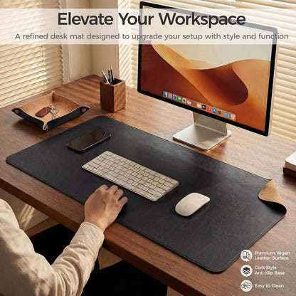 Premium Faux Leather Desk Mat & Tray Set，Innovative Cork-Look Printed Base，Gift Tube Packaging，Full-Desk Coverage，Non-Slip Desk Pad for Office Home（Espresso Brown）