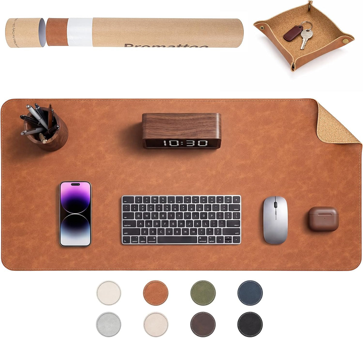 Premium Faux Leather Desk Mat & Tray Set，Innovative Cork-Look Printed Base，Gift Tube Packaging，Full-Desk Coverage，Non-Slip Desk Pad for Office Home（Espresso Brown）