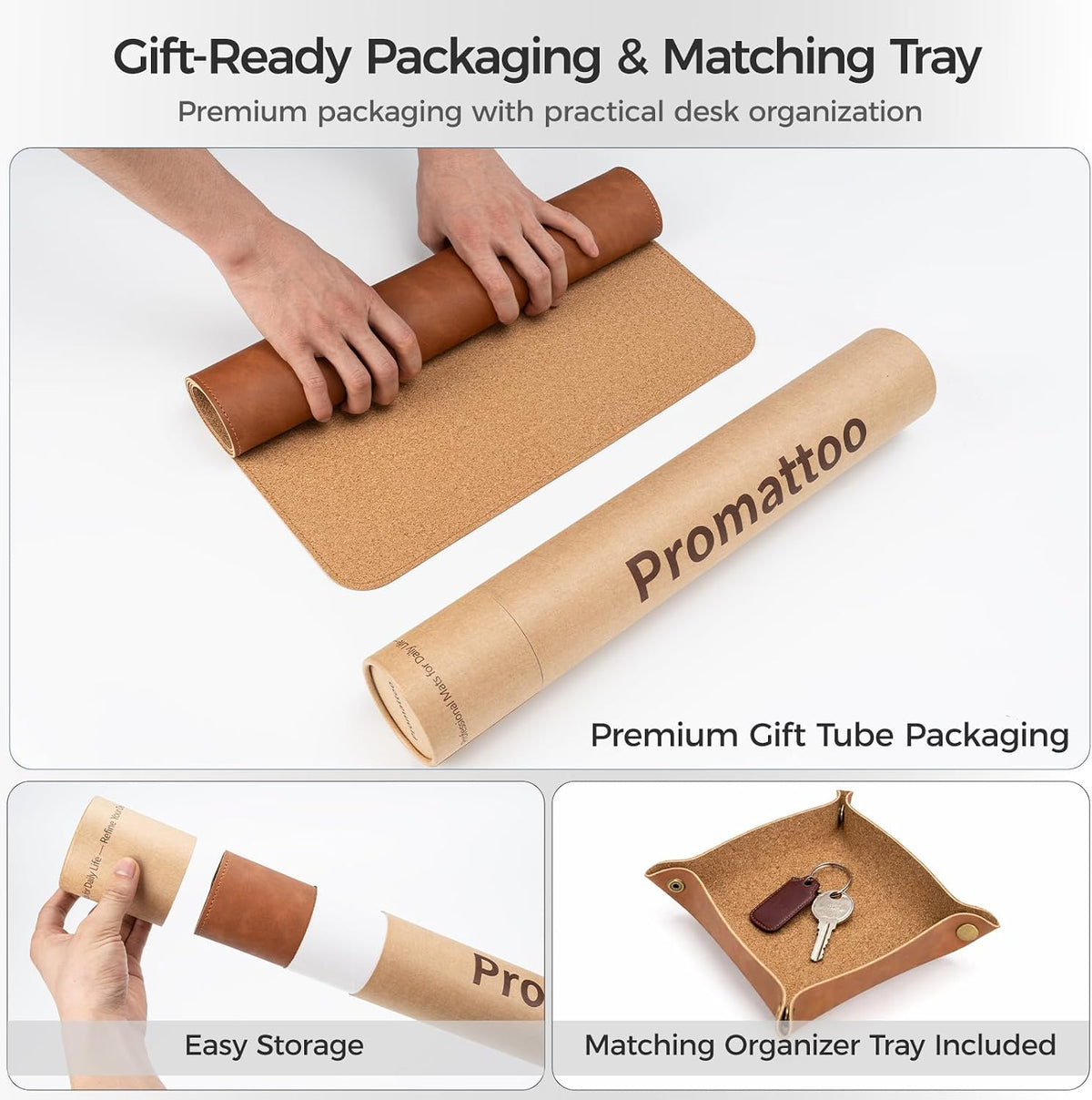 Premium Faux Leather Desk Mat & Tray Set，Innovative Cork-Look Printed Base，Gift Tube Packaging，Full-Desk Coverage，Non-Slip Desk Pad for Office Home（Espresso Brown）