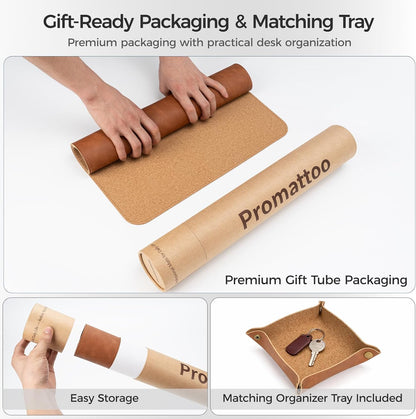 Premium Faux Leather Desk Mat & Tray Set，Innovative Cork-Look Printed Base，Gift Tube Packaging，Full-Desk Coverage，Non-Slip Desk Pad for Office Home（Espresso Brown）