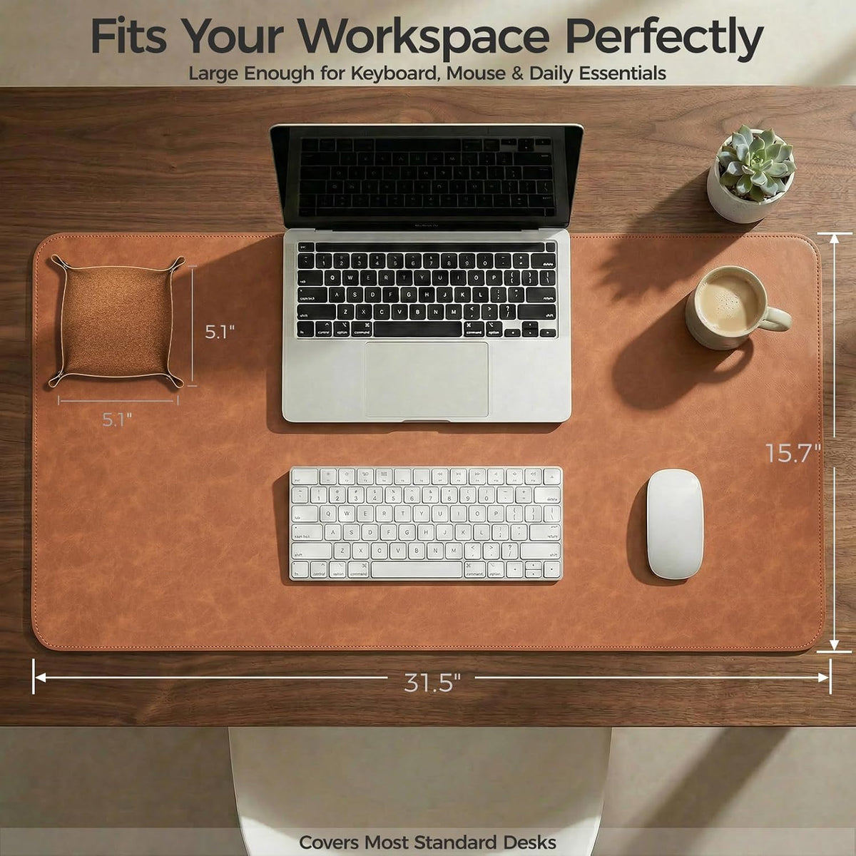 Premium Faux Leather Desk Mat & Tray Set，Innovative Cork-Look Printed Base，Gift Tube Packaging，Full-Desk Coverage，Non-Slip Desk Pad for Office Home（Espresso Brown）