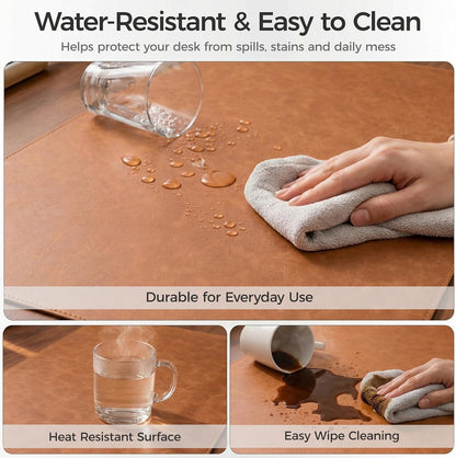 Premium Faux Leather Desk Mat & Tray Set，Innovative Cork-Look Printed Base，Gift Tube Packaging，Full-Desk Coverage，Non-Slip Desk Pad for Office Home（Espresso Brown）