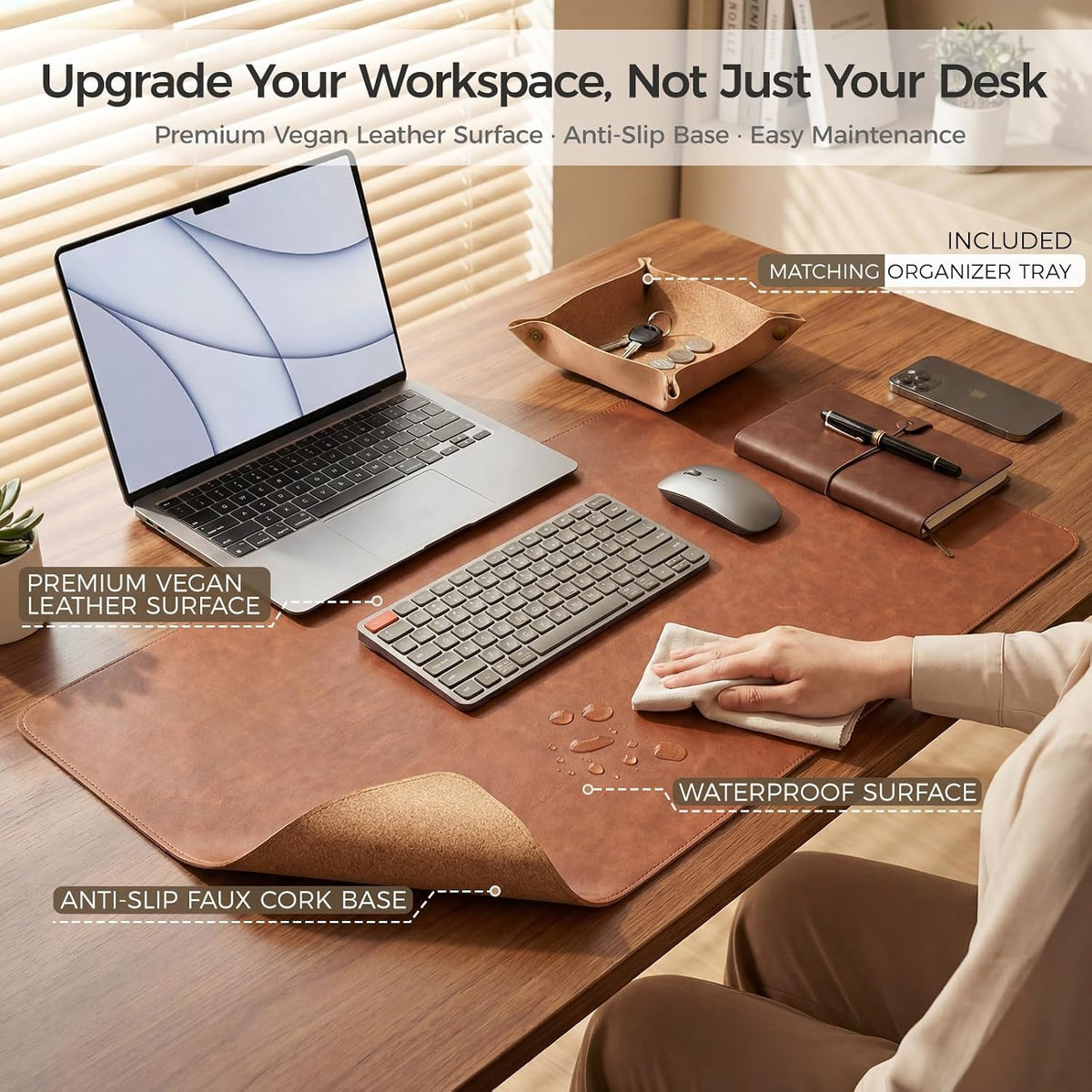 Premium Faux Leather Desk Mat & Tray Set，Innovative Cork-Look Printed Base，Gift Tube Packaging，Full-Desk Coverage，Non-Slip Desk Pad for Office Home（Espresso Brown）