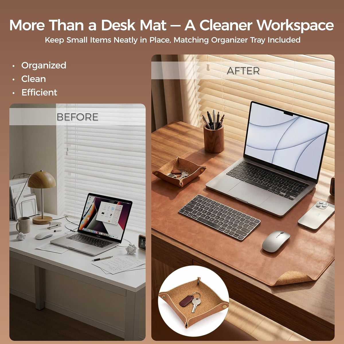 Premium Faux Leather Desk Mat & Tray Set，Innovative Cork-Look Printed Base，Gift Tube Packaging，Full-Desk Coverage，Non-Slip Desk Pad for Office Home（Espresso Brown）