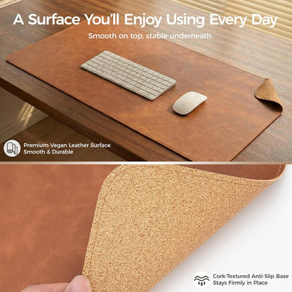 Premium Faux Leather Desk Mat & Tray Set，Innovative Cork-Look Printed Base，Gift Tube Packaging，Full-Desk Coverage，Non-Slip Desk Pad for Office Home（Espresso Brown）