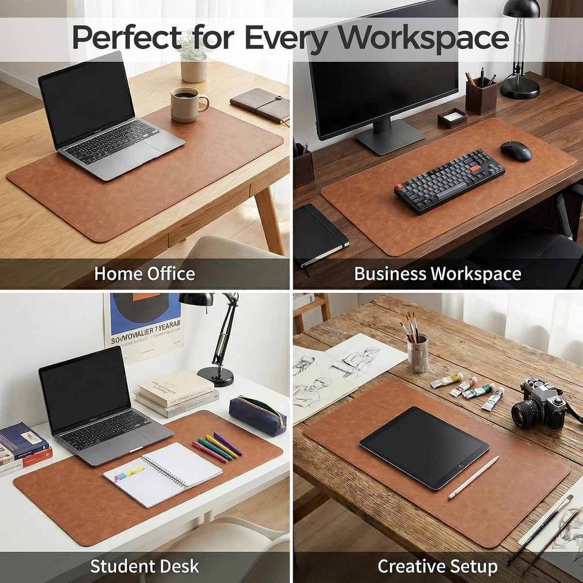Premium Faux Leather Desk Mat & Tray Set，Innovative Cork-Look Printed Base，Gift Tube Packaging，Full-Desk Coverage，Non-Slip Desk Pad for Office Home（Espresso Brown）