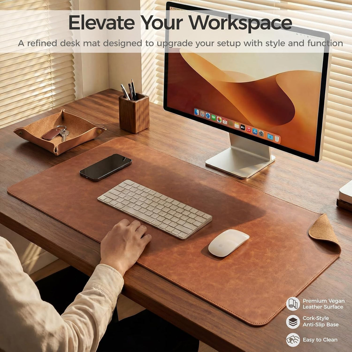 Premium Faux Leather Desk Mat & Tray Set，Innovative Cork-Look Printed Base，Gift Tube Packaging，Full-Desk Coverage，Non-Slip Desk Pad for Office Home（Espresso Brown）