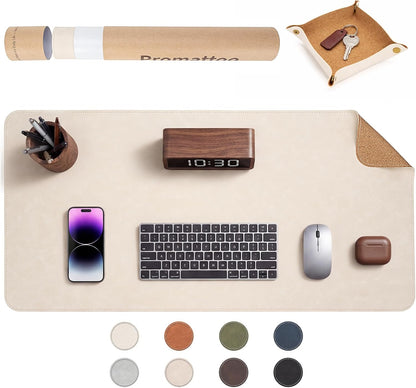 Premium Faux Leather Desk Mat & Tray Set，Innovative Cork-Look Printed Base，Gift Tube Packaging，Full-Desk Coverage，Non-Slip Desk Pad for Office Home（Espresso Brown）