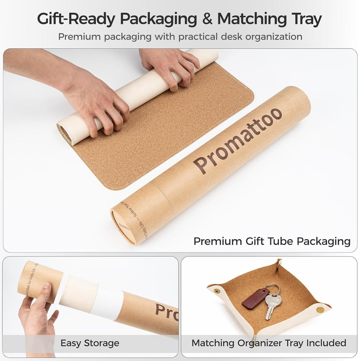 Premium Faux Leather Desk Mat & Tray Set，Innovative Cork-Look Printed Base，Gift Tube Packaging，Full-Desk Coverage，Non-Slip Desk Pad for Office Home（Espresso Brown）