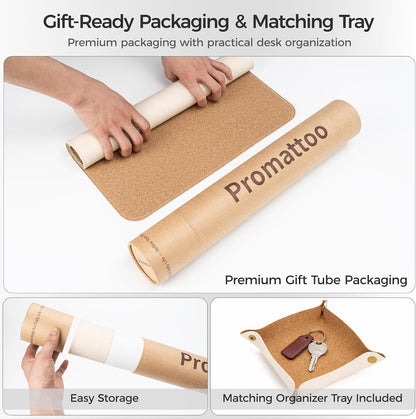 Premium Faux Leather Desk Mat & Tray Set，Innovative Cork-Look Printed Base，Gift Tube Packaging，Full-Desk Coverage，Non-Slip Desk Pad for Office Home（Espresso Brown）