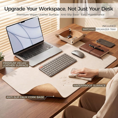Premium Faux Leather Desk Mat & Tray Set，Innovative Cork-Look Printed Base，Gift Tube Packaging，Full-Desk Coverage，Non-Slip Desk Pad for Office Home（Espresso Brown）