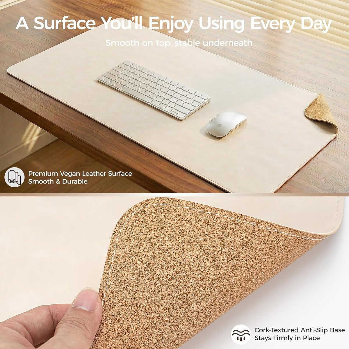 Premium Faux Leather Desk Mat & Tray Set，Innovative Cork-Look Printed Base，Gift Tube Packaging，Full-Desk Coverage，Non-Slip Desk Pad for Office Home（Espresso Brown）