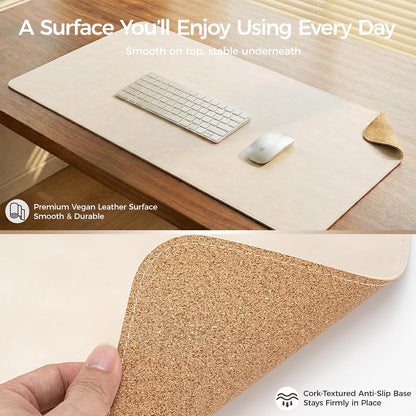 Premium Faux Leather Desk Mat & Tray Set，Innovative Cork-Look Printed Base，Gift Tube Packaging，Full-Desk Coverage，Non-Slip Desk Pad for Office Home（Espresso Brown）