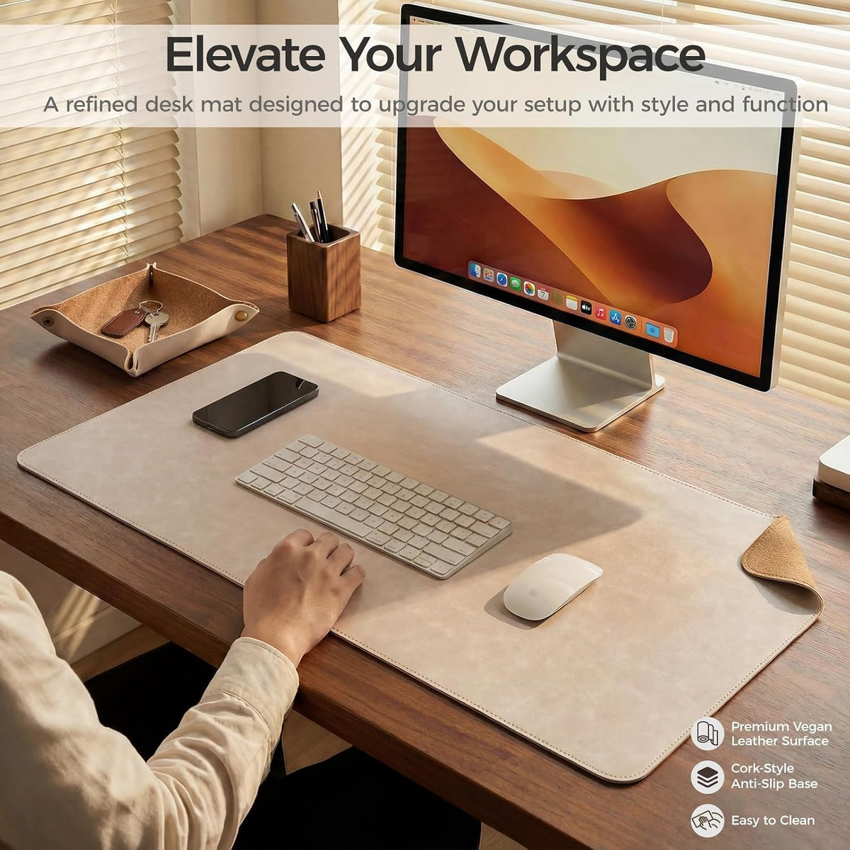 Premium Faux Leather Desk Mat & Tray Set，Innovative Cork-Look Printed Base，Gift Tube Packaging，Full-Desk Coverage，Non-Slip Desk Pad for Office Home（Espresso Brown）