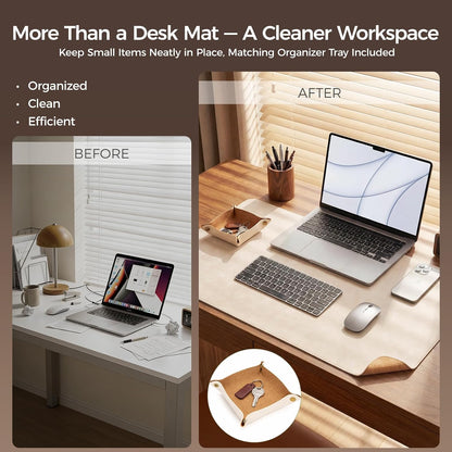 Premium Faux Leather Desk Mat & Tray Set，Innovative Cork-Look Printed Base，Gift Tube Packaging，Full-Desk Coverage，Non-Slip Desk Pad for Office Home（Espresso Brown）