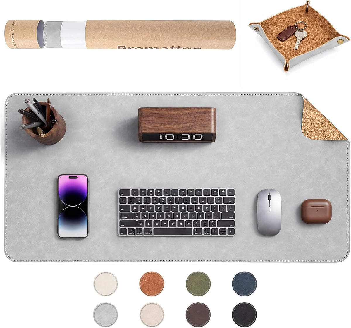 Premium Faux Leather Desk Mat & Tray Set，Innovative Cork-Look Printed Base，Gift Tube Packaging，Full-Desk Coverage，Non-Slip Desk Pad for Office Home（Espresso Brown）