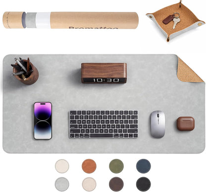 Premium Faux Leather Desk Mat & Tray Set，Innovative Cork-Look Printed Base，Gift Tube Packaging，Full-Desk Coverage，Non-Slip Desk Pad for Office Home（Espresso Brown）