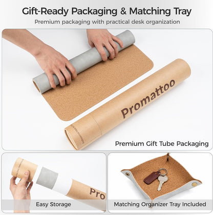 Premium Faux Leather Desk Mat & Tray Set，Innovative Cork-Look Printed Base，Gift Tube Packaging，Full-Desk Coverage，Non-Slip Desk Pad for Office Home（Espresso Brown）