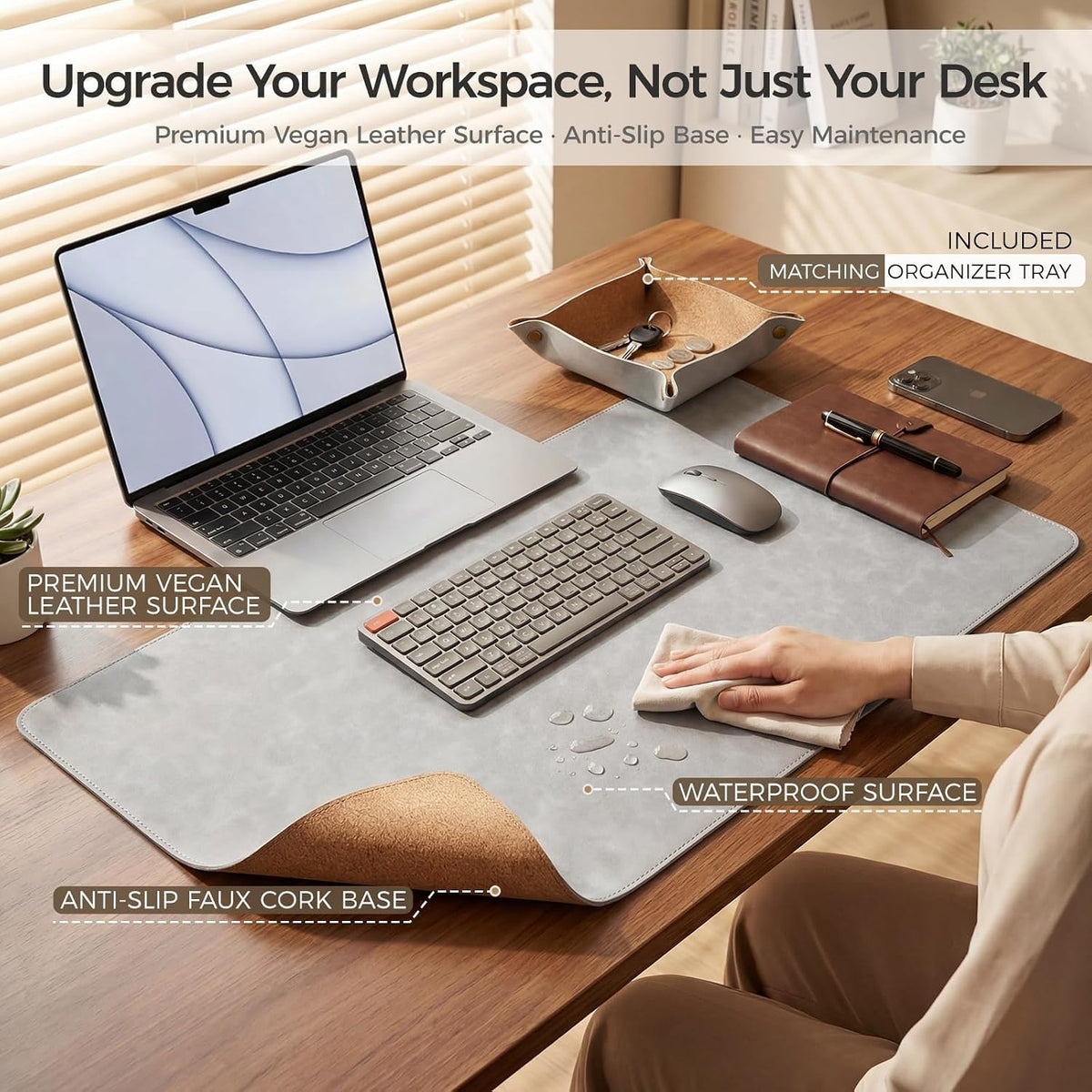 Premium Faux Leather Desk Mat & Tray Set，Innovative Cork-Look Printed Base，Gift Tube Packaging，Full-Desk Coverage，Non-Slip Desk Pad for Office Home（Espresso Brown）