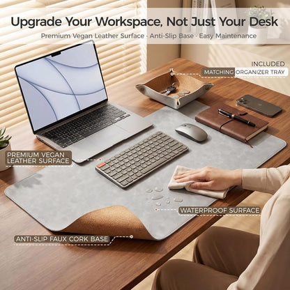 Premium Faux Leather Desk Mat & Tray Set，Innovative Cork-Look Printed Base，Gift Tube Packaging，Full-Desk Coverage，Non-Slip Desk Pad for Office Home（Espresso Brown）