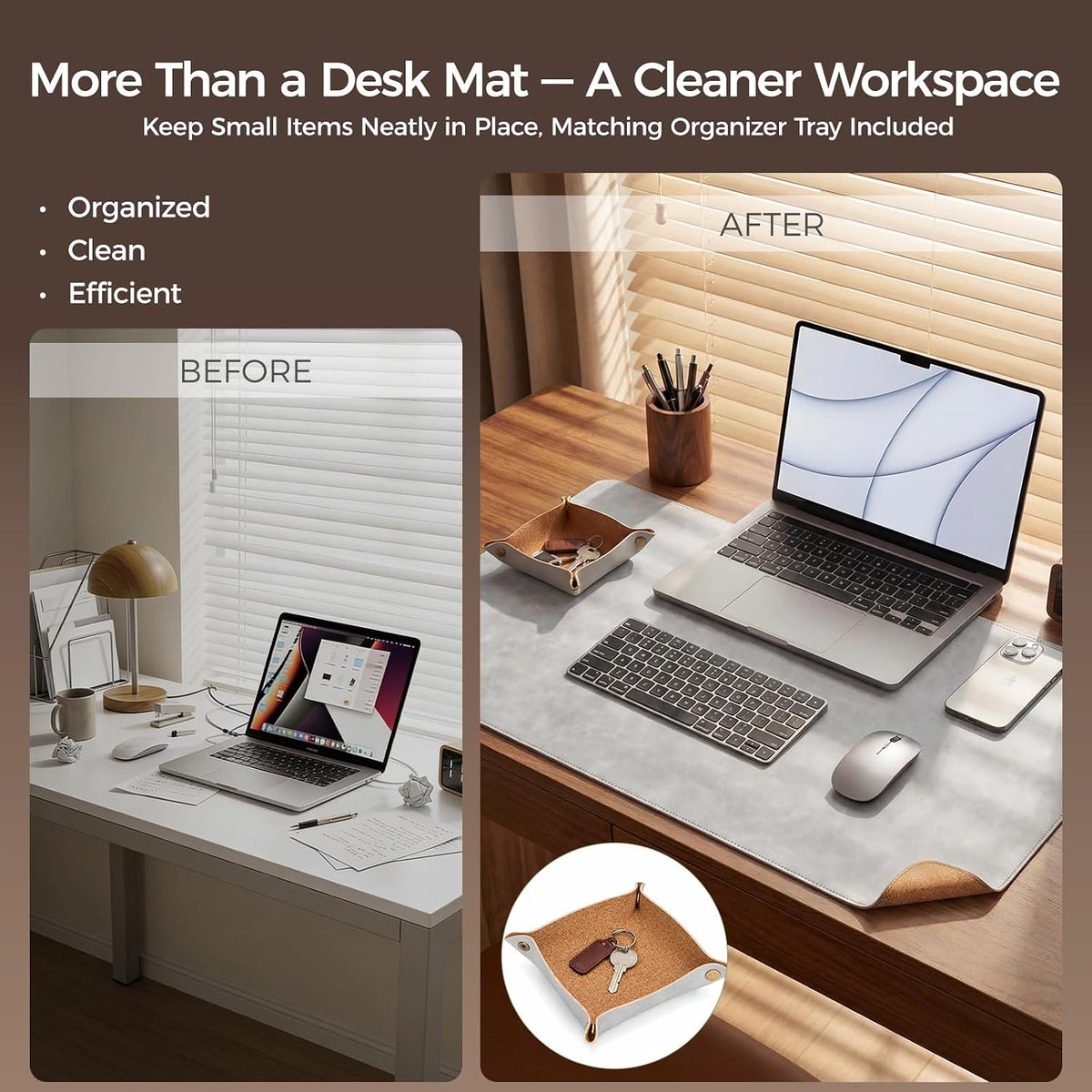 Premium Faux Leather Desk Mat & Tray Set，Innovative Cork-Look Printed Base，Gift Tube Packaging，Full-Desk Coverage，Non-Slip Desk Pad for Office Home（Espresso Brown）