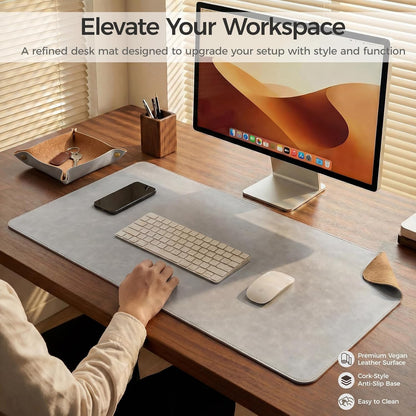 Premium Faux Leather Desk Mat & Tray Set，Innovative Cork-Look Printed Base，Gift Tube Packaging，Full-Desk Coverage，Non-Slip Desk Pad for Office Home（Espresso Brown）