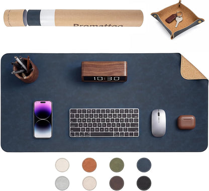 Premium Faux Leather Desk Mat & Tray Set，Innovative Cork-Look Printed Base，Gift Tube Packaging，Full-Desk Coverage，Non-Slip Desk Pad for Office Home（Espresso Brown）