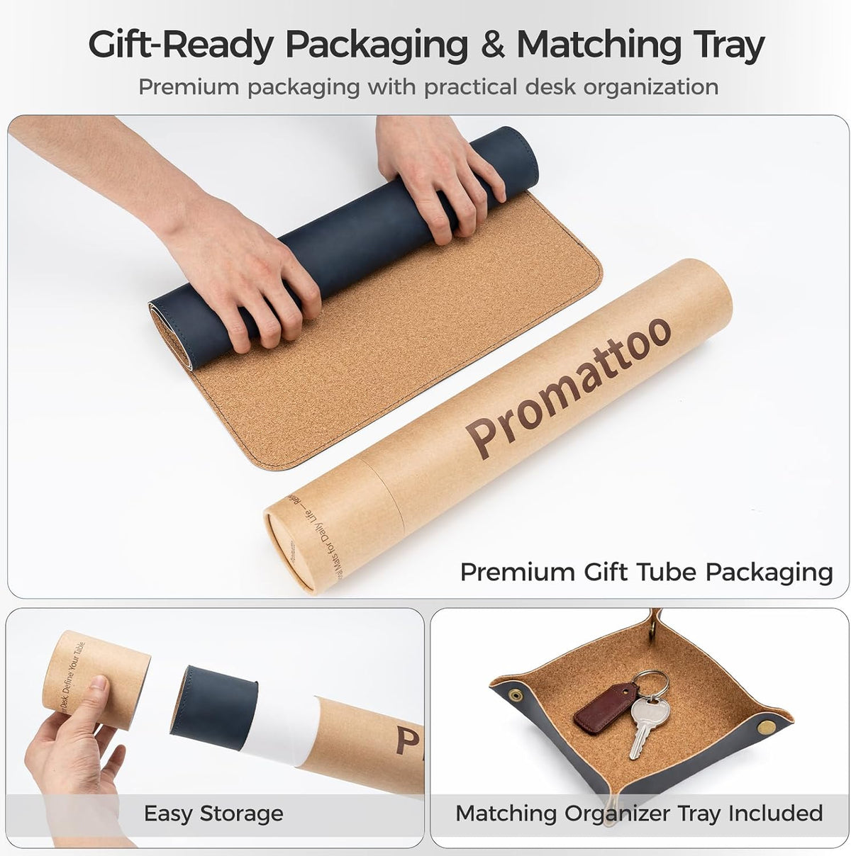Premium Faux Leather Desk Mat & Tray Set，Innovative Cork-Look Printed Base，Gift Tube Packaging，Full-Desk Coverage，Non-Slip Desk Pad for Office Home（Espresso Brown）