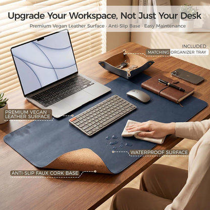 Premium Faux Leather Desk Mat & Tray Set，Innovative Cork-Look Printed Base，Gift Tube Packaging，Full-Desk Coverage，Non-Slip Desk Pad for Office Home（Espresso Brown）