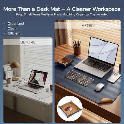Premium Faux Leather Desk Mat & Tray Set，Innovative Cork-Look Printed Base，Gift Tube Packaging，Full-Desk Coverage，Non-Slip Desk Pad for Office Home（Espresso Brown）