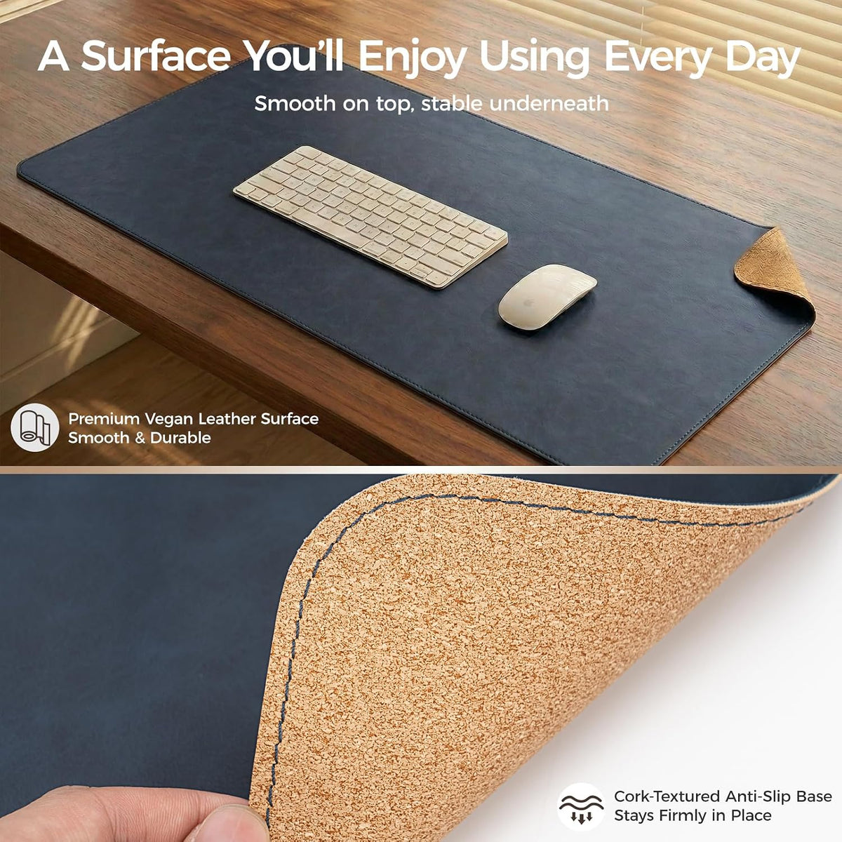 Premium Faux Leather Desk Mat & Tray Set，Innovative Cork-Look Printed Base，Gift Tube Packaging，Full-Desk Coverage，Non-Slip Desk Pad for Office Home（Espresso Brown）