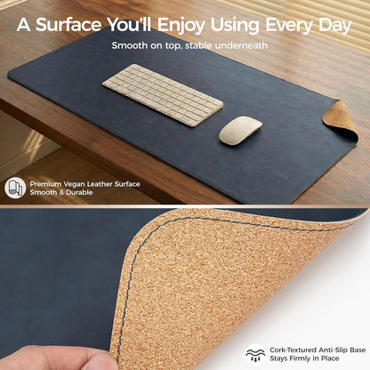 Premium Faux Leather Desk Mat & Tray Set，Innovative Cork-Look Printed Base，Gift Tube Packaging，Full-Desk Coverage，Non-Slip Desk Pad for Office Home（Espresso Brown）