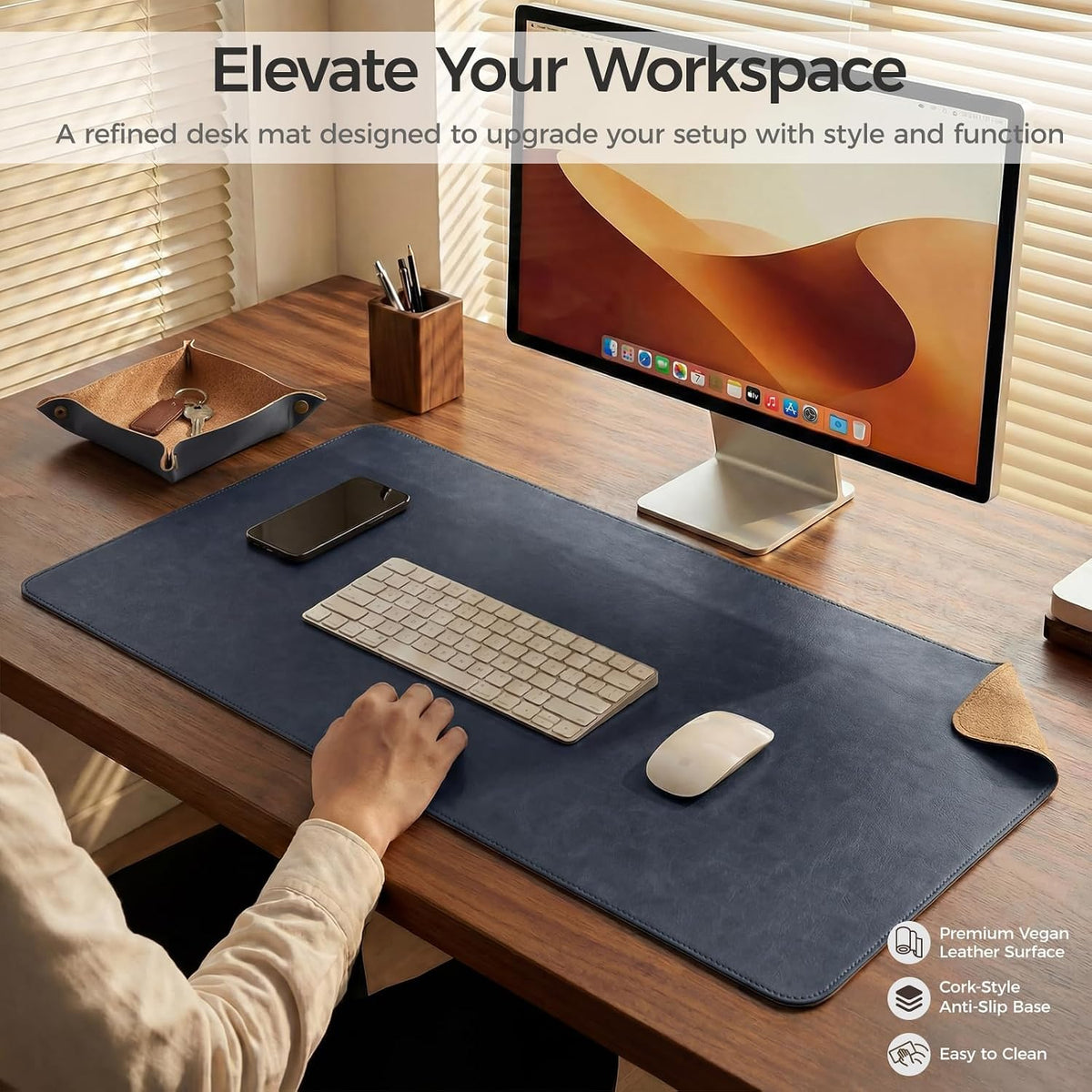 Premium Faux Leather Desk Mat & Tray Set，Innovative Cork-Look Printed Base，Gift Tube Packaging，Full-Desk Coverage，Non-Slip Desk Pad for Office Home（Espresso Brown）